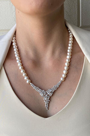 925 Ayar Gümüş 8 mm Zirkon Taşlı Doğal İnci Kolye