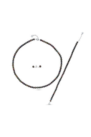 925 Ayar Gümüş 5 mm Siyah Doğal İnci Sıralı Kolye Bileklik Küpe Üçlü Set