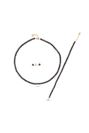 925 Ayar Gümüş 5 mm Siyah Doğal İnci Sıralı Kolye Bileklik Küpe Üçlü Set