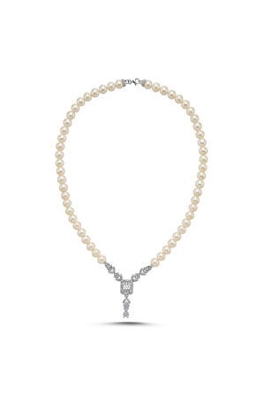 925 Ayar Gümüş 7 mm Baget Kesim Doğal İnci Kolye