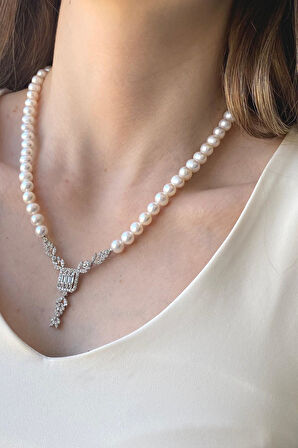 925 Ayar Gümüş 7 mm Baget Kesim Doğal İnci Kolye