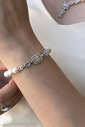 925 Ayar Gümüş Kadın Baget Kesim Doğal İnci Bileklik