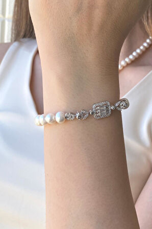 925 Ayar Gümüş Kadın Baget Kesim Doğal İnci Bileklik