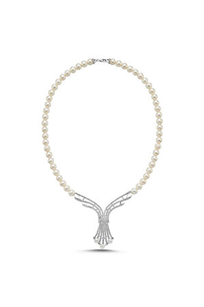 925 Ayar Gümüş 8 mm Zirkon Taşlı Doğal İnci Gerdanlık