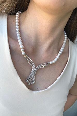 925 Ayar Gümüş 8 mm Zirkon Taşlı Doğal İnci Gerdanlık