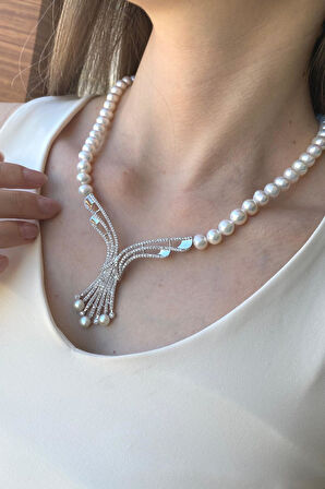 925 Ayar Gümüş 8 mm Zirkon Taşlı Doğal İnci Gerdanlık