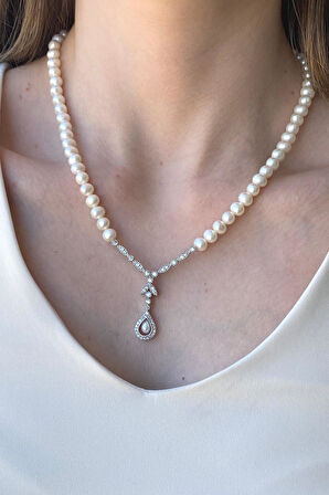 925 Ayar Gümüş 6 mm Damla Taşlı Doğal İncili Kolye