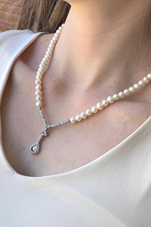 925 Ayar Gümüş 6 mm Damla Taşlı Doğal İncili Kolye