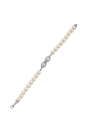 925 Ayar Gümüş Zirkon Taşlı Doğal İncili Kadın Bileklik