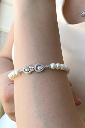 925 Ayar Gümüş Zirkon Taşlı Doğal İncili Kadın Bileklik