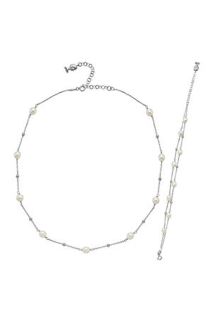 925 Ayar Gümüş Kadın Dorika Toplu Doğal İnci Kolye Bileklik İkili Set