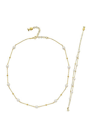 925 Ayar Gümüş Kadın Dorika Toplu Doğal İnci Kolye Bileklik İkili Set