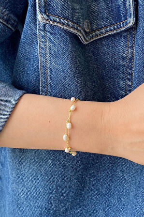 925 Ayar Gümüş Kadın Dorika Toplu Doğal İnci Kolye Bileklik İkili Set