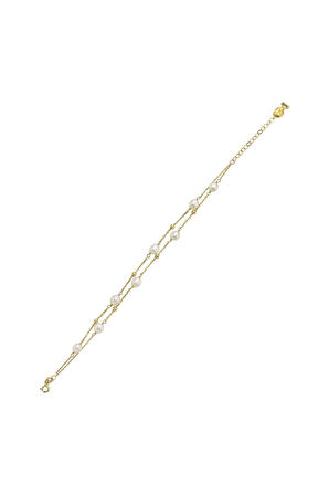 925 Ayar Gümüş Çift Zincir Dorika Toplu Doğal İnci Kadın Bileklik