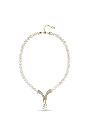 925 Ayar Gümüş 8 mm Fiyonk Doğal İnci Kadın Kolye