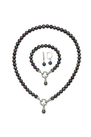 925 Ayar Gümüş 8 mm Zirkon Taşlı Halka Kilitli Doğal İnci Küpe Kolye Bileklik Üçlü Set