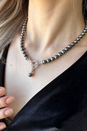 925 Ayar Gümüş 8 mm Zirkon Taşlı Halka Kilitli Doğal İnci Küpe Kolye Bileklik Üçlü Set