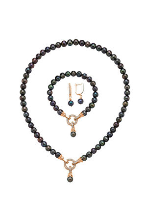 925 Ayar Gümüş 8 mm Zirkon Taşlı Halka Kilitli Doğal İnci Küpe Kolye Bileklik Üçlü Set