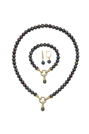 925 Ayar Gümüş 8 mm Zirkon Taşlı Halka Kilitli Doğal İnci Küpe Kolye Bileklik Üçlü Set