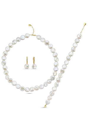 925 Ayar Gümüş Yassı Doğal İnci Küpe Kolye Bileklik Üçlü Set