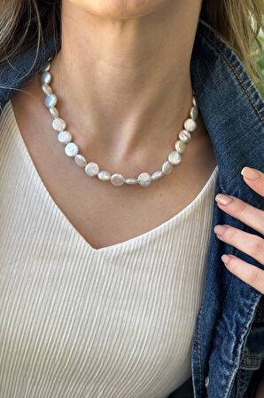 925 Ayar Gümüş Yassı Doğal İnci Küpe Kolye Bileklik Üçlü Set