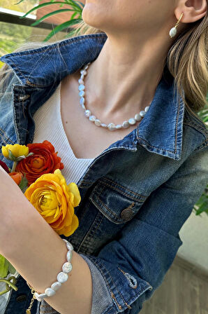 925 Ayar Gümüş Yassı Doğal İnci Küpe Kolye Bileklik Üçlü Set