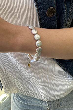 925 Ayar Gümüş Yassı Doğal İnci Bileklik