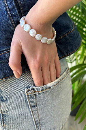 925 Ayar Gümüş Yassı Doğal İnci Bileklik