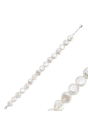 925 Ayar Gümüş Yassı Doğal İnci Bileklik