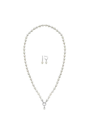 925 Ayar Gümüş Zirkon Taşlı Halka Kilitli Doğal Damla İnci Küpe Kolye İkili Set