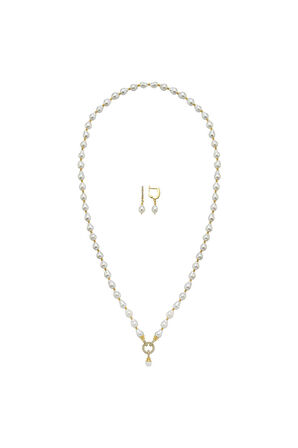 925 Ayar Gümüş Zirkon Taşlı Halka Kilitli Doğal Damla İnci Küpe Kolye İkili Set