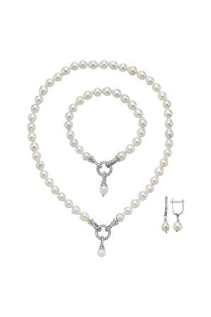 925 Ayar Gümüş Zirkon Taşlı Halka Kilitli Doğal Damla İnci Küpe Kolye Bileklik Üçlü Set