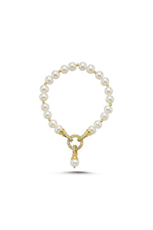 925 Ayar Gümüş Kadın Halka Kilitli Dorikalı Doğal İnci Bileklik