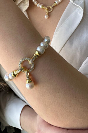 925 Ayar Gümüş Kadın Halka Kilitli Dorikalı Doğal İnci Bileklik