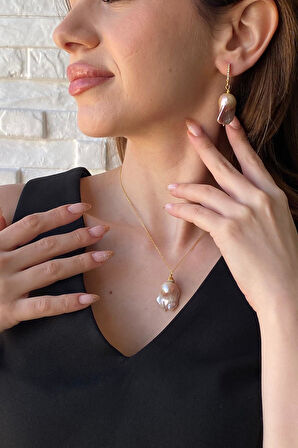 925 Ayar Gümüş Şeftali Rengi Barok İnci Kolye Küpe İkili Set