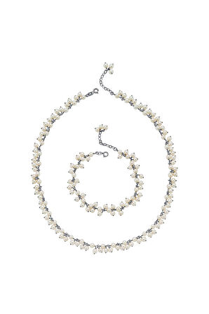 925 Ayar Gümüş Sallantılı Doğal Kültür İncisi Kolye Bileklik İkili Set