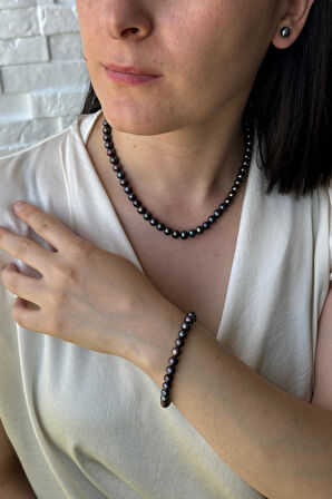 925 Ayar Gümüş 7 mm Siyah Doğal İnci Sıralı Kolye Bileklik Küpe Üçlü Set