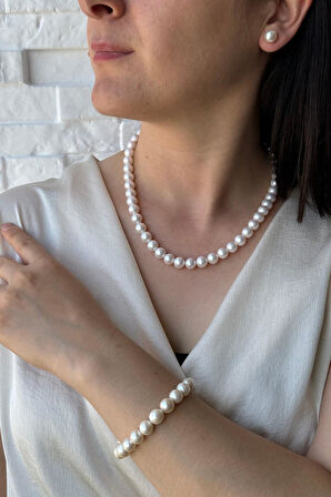 925 Ayar Gümüş 9 mm Gemici Kilit Doğal İnci Kolye Bileklik Küpe Üçlü Set BVRTST14112ST08041ST08182Y