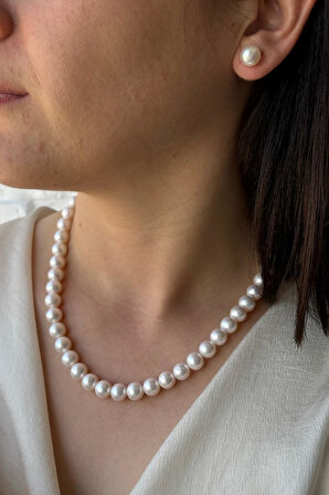 925 Ayar Gümüş 9 mm Gemici Kilit Doğal İnci Kolye Bileklik Küpe Üçlü Set BVRTST14112ST08041ST08182Y