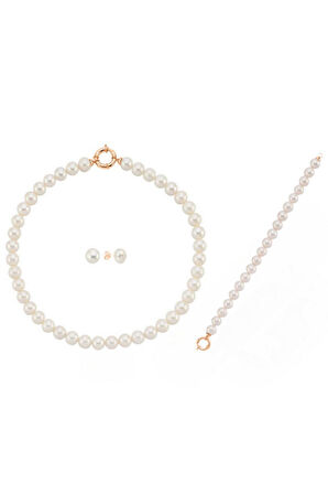 925 Ayar Gümüş 9 mm Gemici Kilit Doğal İnci Kolye Bileklik Küpe Üçlü Set BVRTST14112ST08041ST08182Y