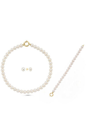 925 Ayar Gümüş 9 mm Gemici Kilit Doğal İnci Kolye Bileklik Küpe Üçlü Set BVRTST14112ST08041ST08182Y