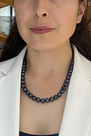 925 Ayar Gümüş 10 mm Denizci Kilit Sıralı Siyah İnci Kolye Bileklik İkili Set