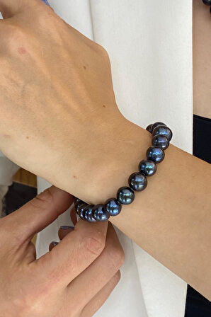 925 Ayar Gümüş 10 mm Denizci Kilit Sıralı Siyah İnci Kolye Bileklik İkili Set