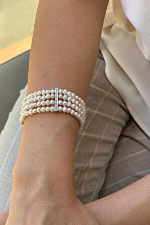 925 Ayar Gümüş  Zirkon Taşlı Doğal İnci 5 mm 4 Sıra Bileklik