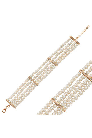 925 Ayar Gümüş  Zirkon Taşlı Doğal İnci 5 mm 4 Sıra Bileklik