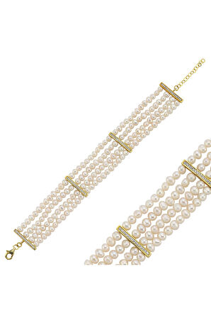 925 Ayar Gümüş  Zirkon Taşlı Doğal İnci 5 mm 4 Sıra Bileklik