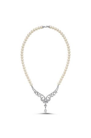 925 Ayar Gümüş 8 mm Koç Başı Zirkon Taşlı İnci Kolye