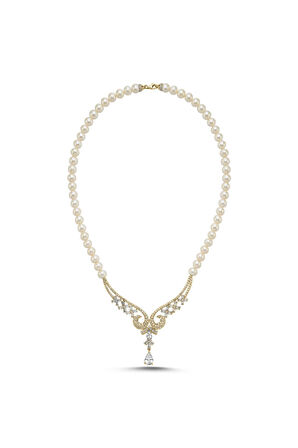 925 Ayar Gümüş 8 mm Koç Başı Zirkon Taşlı İnci Kolye