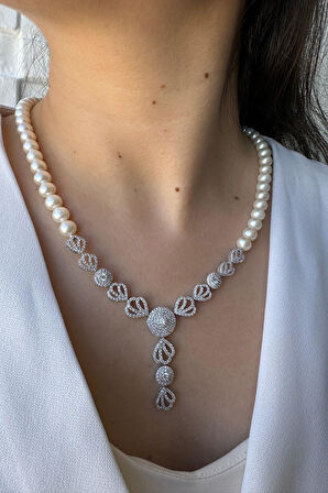 925 Ayar Gümüş 8 mm Zirkon Taşlı İnci Kolye Bilelik Küpe Yüzük Dörtlü Set