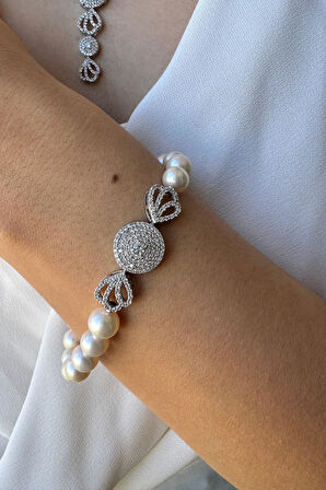 925 Ayar Gümüş 8 mm Zirkon Taşlı İnci Bileklik